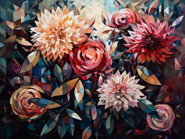 Een schilderij van bloemen met het woord chrysant erop