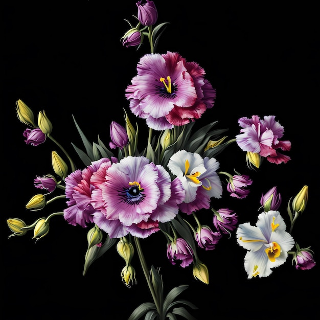 Een schilderij van bloemen met het woord "erop" op een zwarte achtergrond.