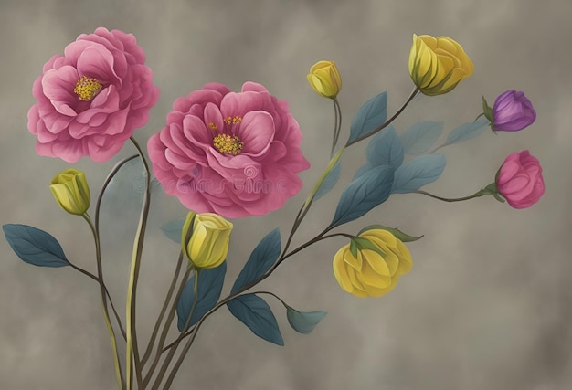 Een schilderij van bloemen met op de bodem gele en roze bloemen.