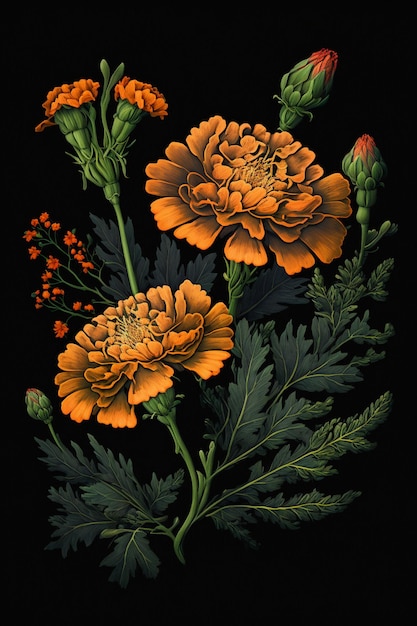 Een schilderij van bloemen met oranje bloemen op een zwarte achtergrond