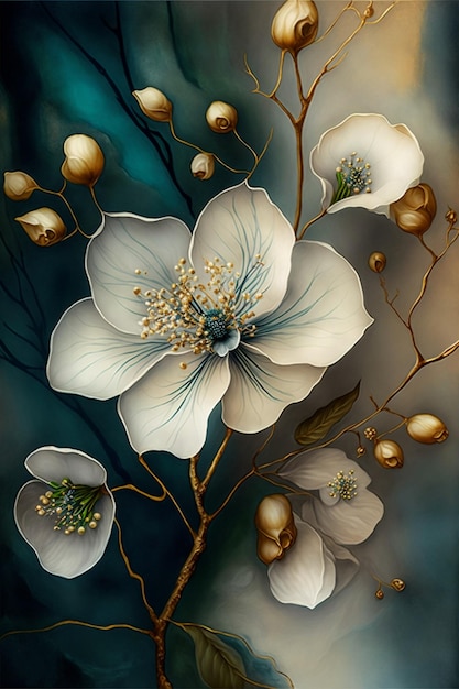 Een schilderij van bloemen met witte bloemen op een blauwe achtergrond.