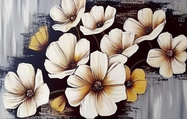 Een schilderij van bloemen op een zwart-witte achtergrond.