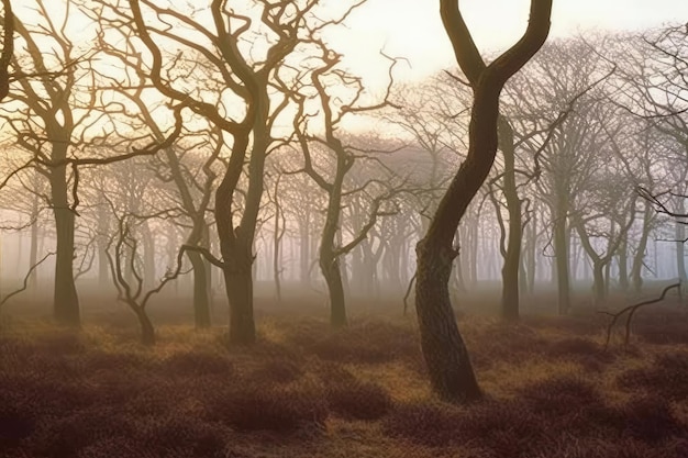 Een schilderij van bomen in een bos waar de zon op schijnt.