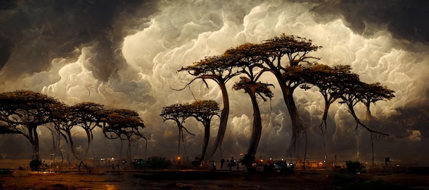 Een schilderij van bomen met een bewolkte lucht op de achtergrond