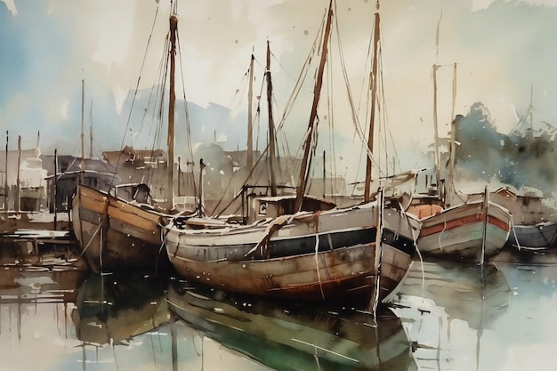 Een schilderij van boten in een haven met een hemelse achtergrond