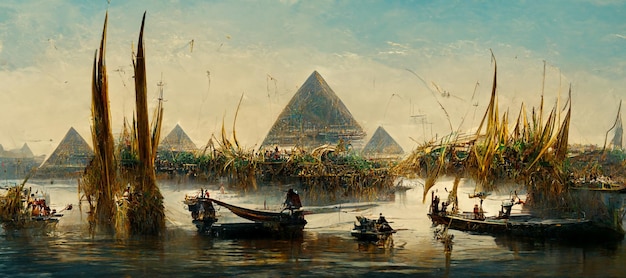 Foto een schilderij van boten voor de piramides van gizeh.