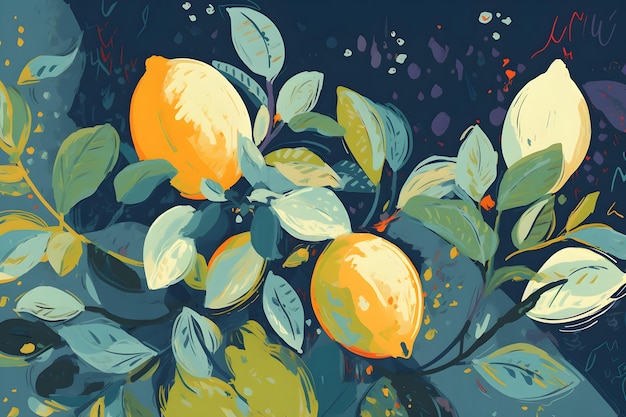 Een schilderij van citroenen op een tak met bladeren