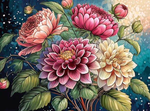 Een schilderij van Dahlia bloemen uit de tuin