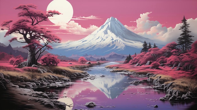 een schilderij van de berg Fuji in het water in de stijl van tom killion