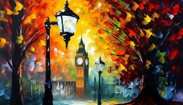 Een schilderij van de Big Ben in de herfst