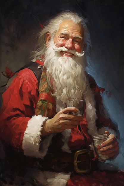 Een schilderij van de kerstman die een glas water vasthoudt.