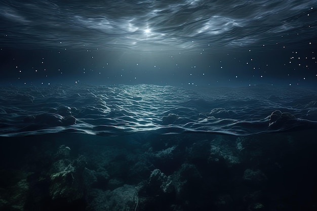Een schilderij van de oceaan's nachts met sterren boven het water