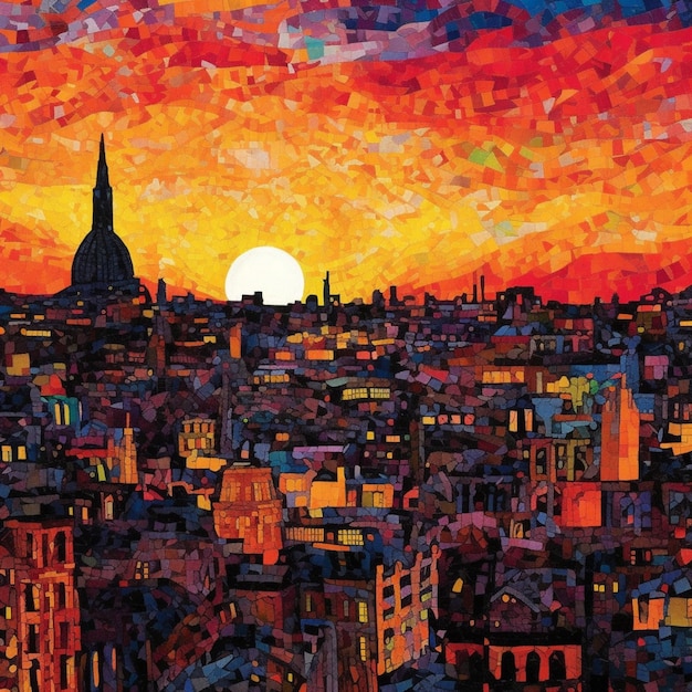 Een schilderij van de skyline van een stad met een zonsondergang op de achtergrond generatieve AI