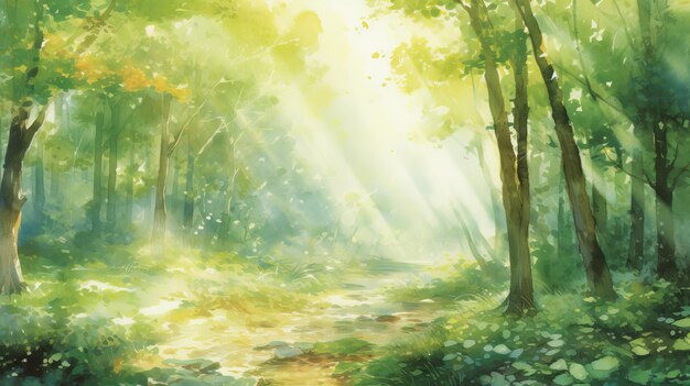 Een schilderij van de zon die door de bomen schijnt