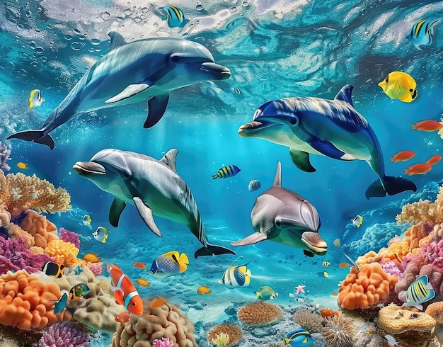 een schilderij van dolfijnen en koralen met de woorden "dolfijnen" aan de onderkant