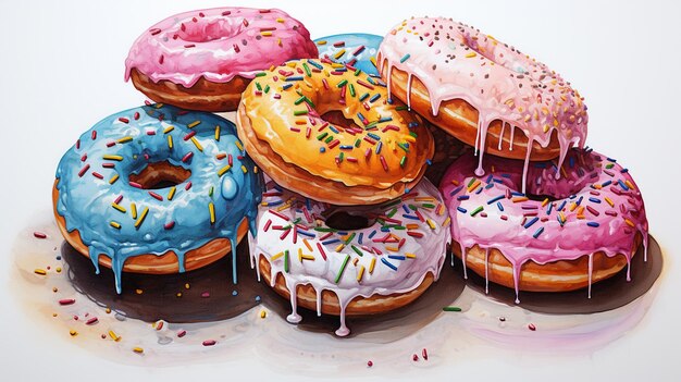 Een schilderij van donuts met verschillende kleuren en besprenkels.