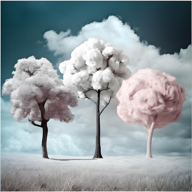 Een schilderij van drie bomen met een wolk erop.