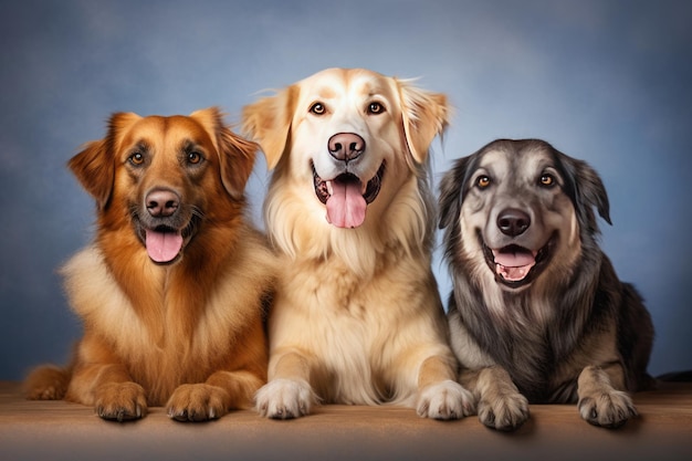 Een schilderij van drie honden, waarvan er één golden retriever wordt genoemd.