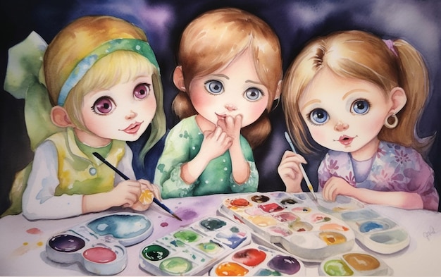Een schilderij van drie meisjes schilderen met de woorden "art" op de top.