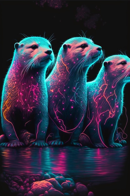 Een schilderij van drie otters met neonlichten op hun rug.