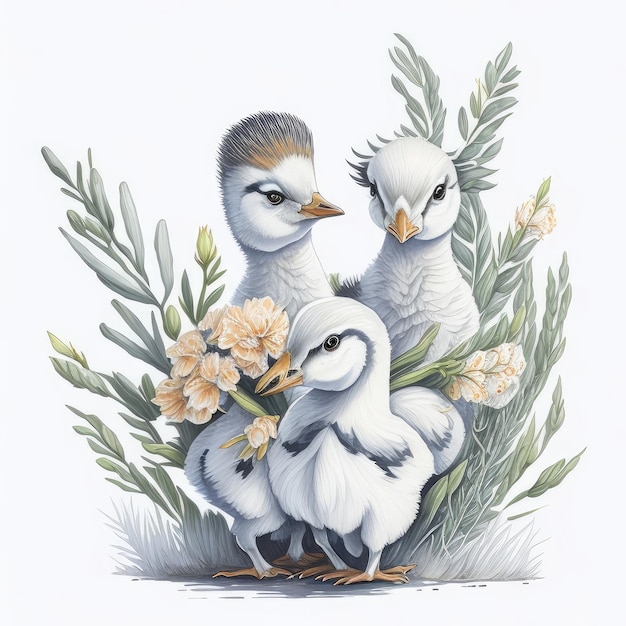 Een schilderij van drie vogels met bloemen op de bodem.