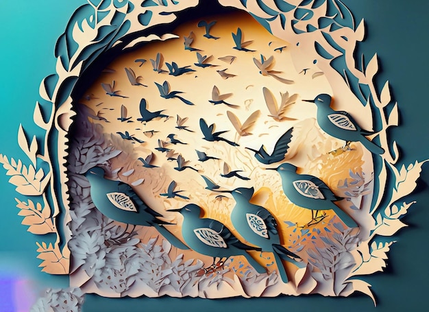 Een schilderij van drie vogels met een blauwe en gouden achtergrond