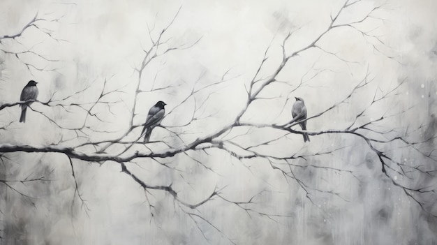 Een schilderij van drie vogels zittend op een tak ai