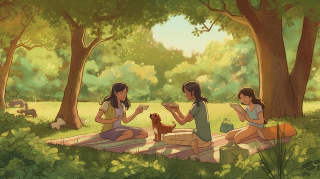 Een schilderij van drie vrouwen die boeken lezen in een park.