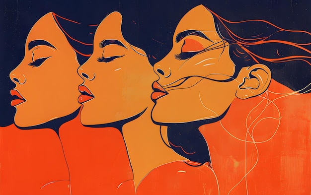 Een schilderij van drie vrouwen met gesloten ogen en gelukkige gezichtsuitdrukkingen