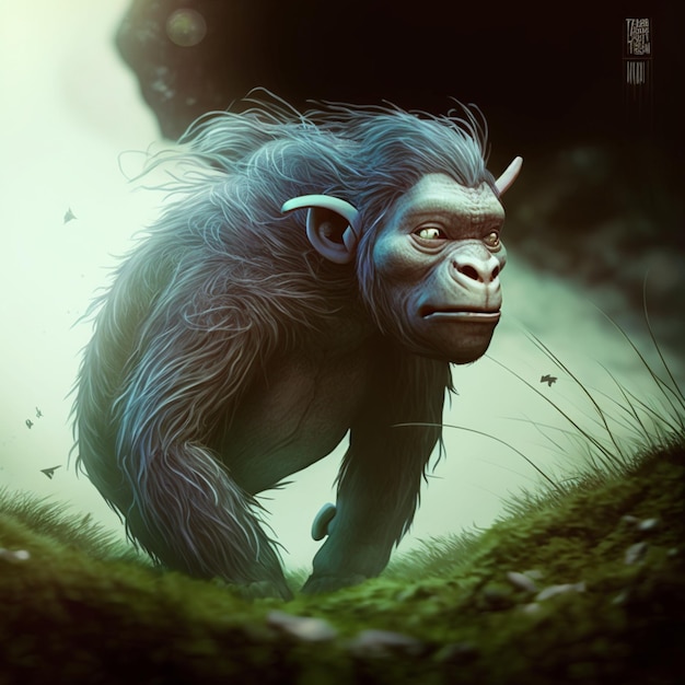 Een schilderij van een aap met een blauw gezicht en een groene achtergrond.