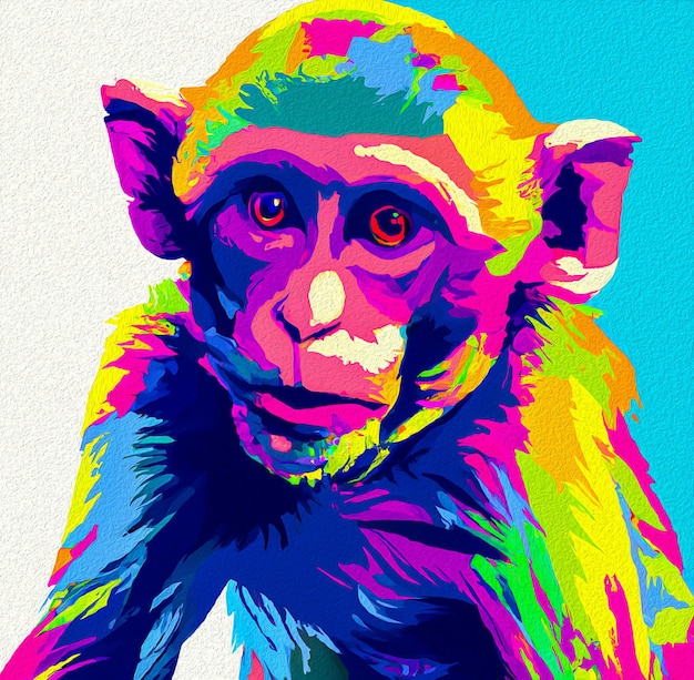Een schilderij van een aap met een blauwe achtergrond en het woord aap erop.