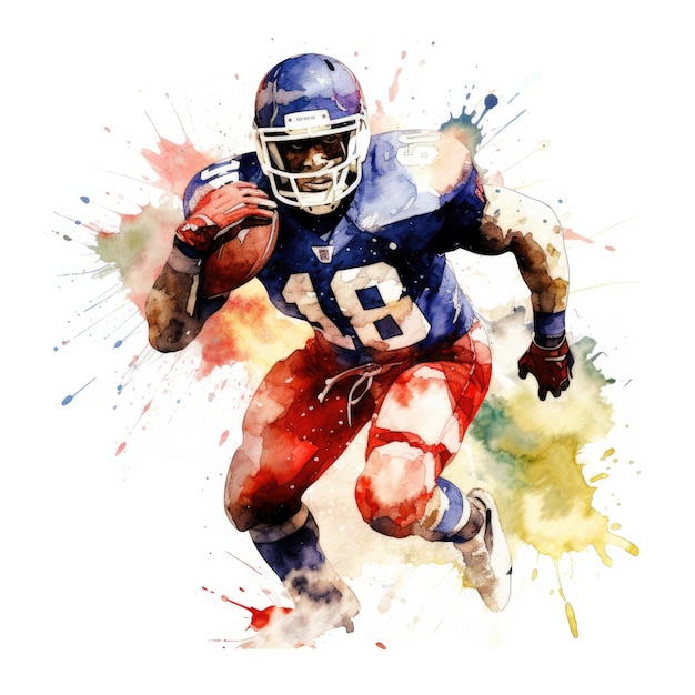 Een schilderij van een American Football-speler met het nummer 18 op zijn shirt.