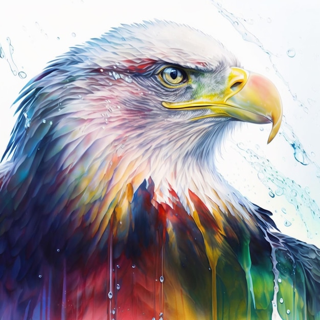 Foto een schilderij van een amerikaanse zeearend met een regenboogkleurige kop.
