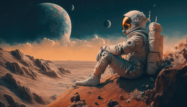 Een schilderij van een astronaut die op een rode planeet zit met de maan op de achtergrond.