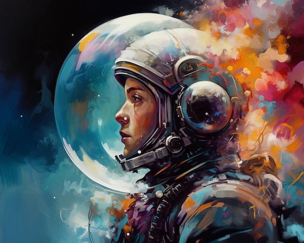 Een schilderij van een astronaut met een grote helm en een grote bubbel op de achtergrond