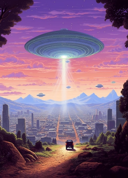 Een schilderij van een auto met een ufo die over een stad vliegt.