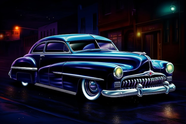 Een schilderij van een auto waarop 'amerikaanse auto' staat