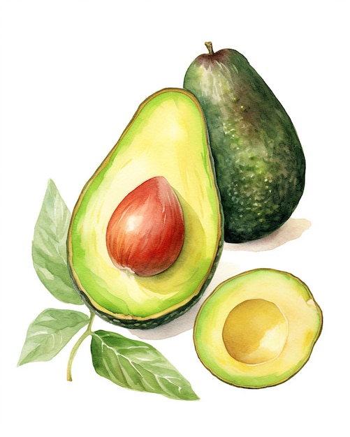Een schilderij van een avocado en twee avocado's