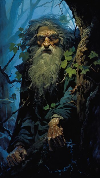 een schilderij van een baarde man in een grot met een boom op de achtergrond