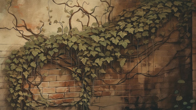 Een schilderij van een bakstenen muur met klimop erop.