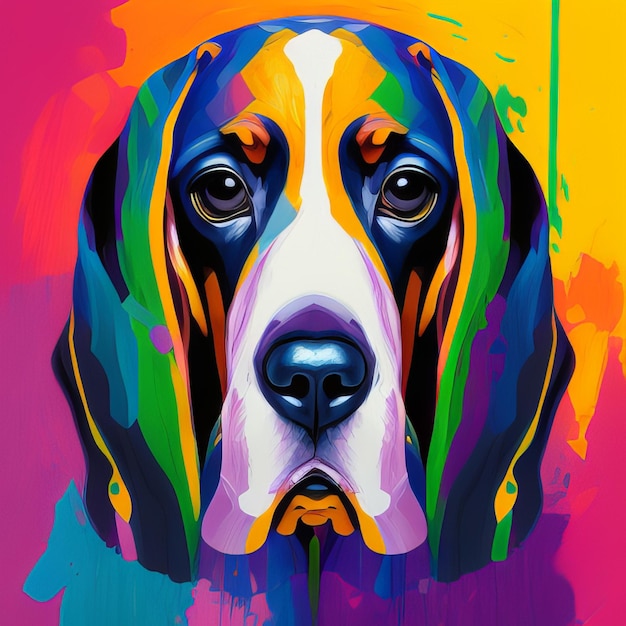 Een schilderij van een beagle met een regenboogkleurige achtergrond