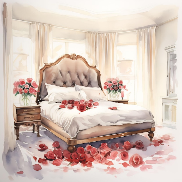 een schilderij van een bed met bloemen en een afbeelding van een bed met een houten frame.