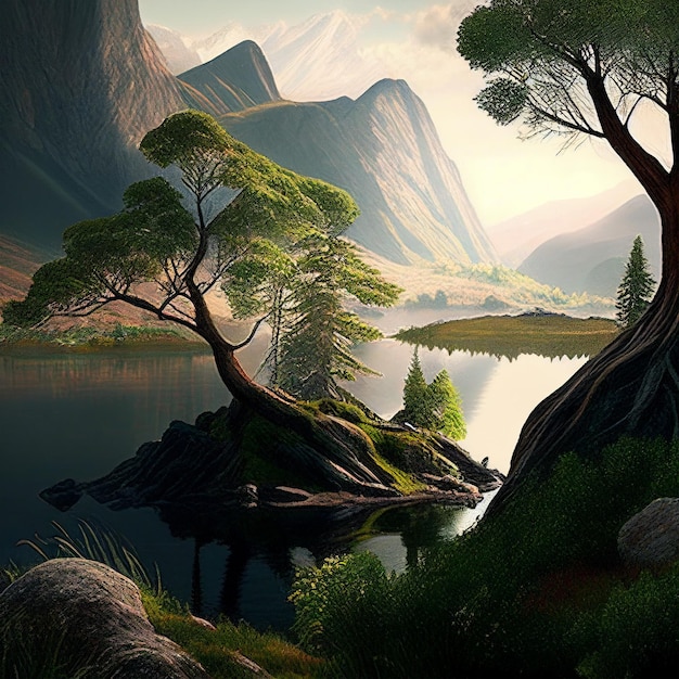 Een schilderij van een berg en een boom op een klein eiland.