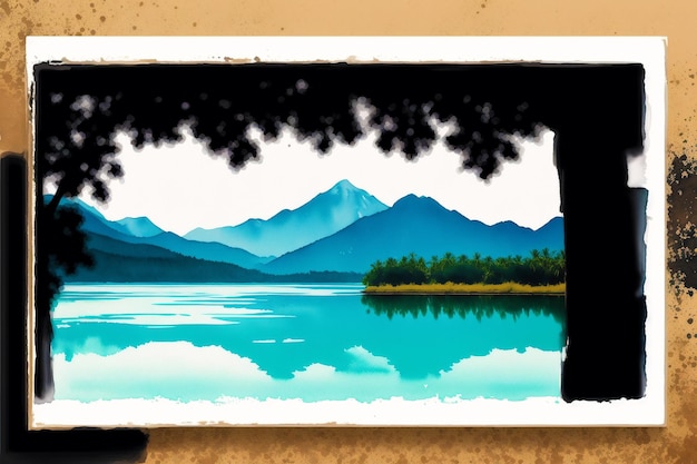 Een schilderij van een berg en een meer met een blauwe lucht en bomen aan de linkerkant.