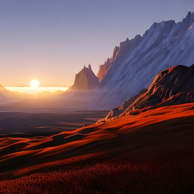 Een schilderij van een berg met daarachter de ondergaande zon