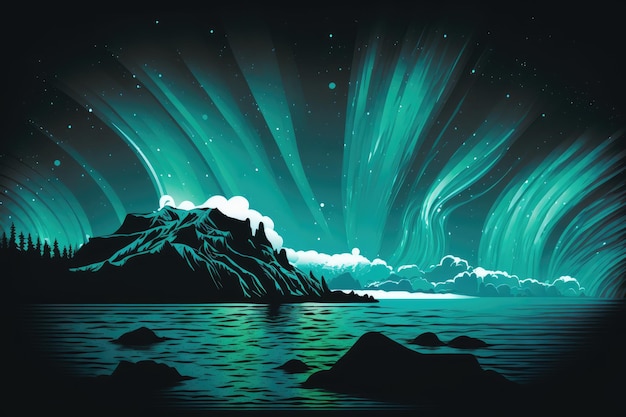 Een schilderij van een berg met de lucht en de woorden aurora erop