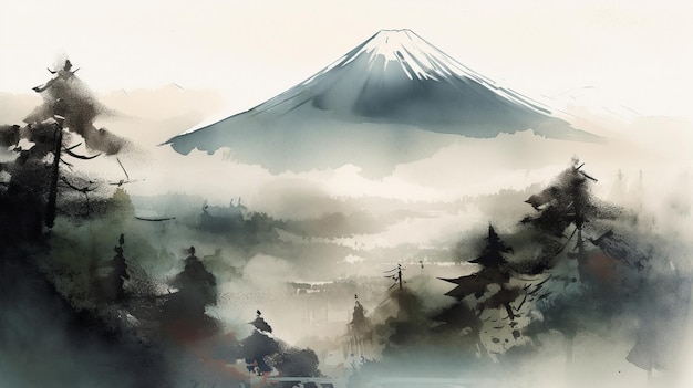 Een schilderij van een berg met de titel mt fuji erop