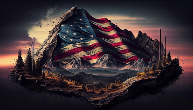 Een schilderij van een berg met een Amerikaanse vlag erop