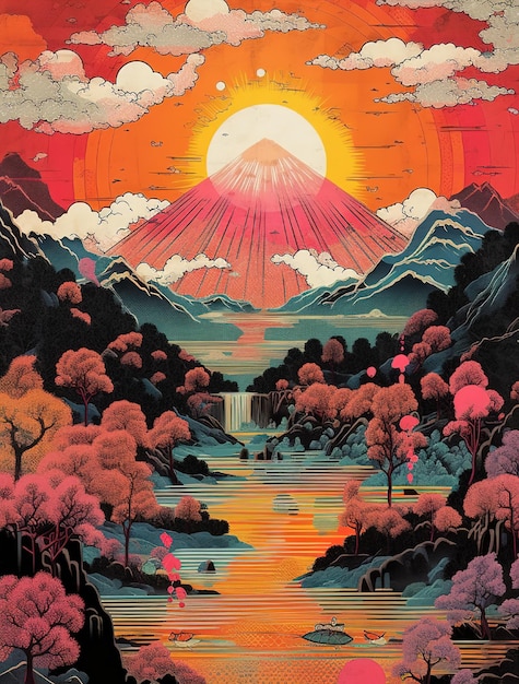 Een schilderij van een berg met een berg op de achtergrond