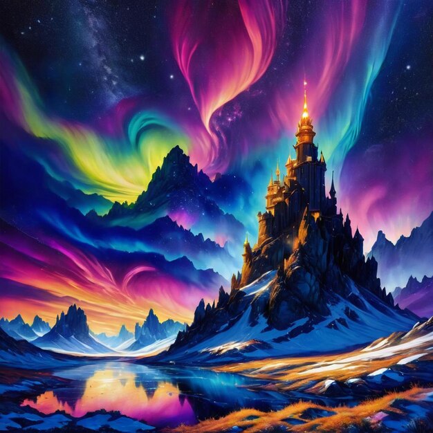 Een schilderij van een berg met een regenboog in de lucht
